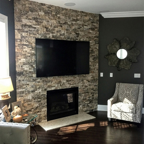 Silver Travertine Stacked Stone fireplace