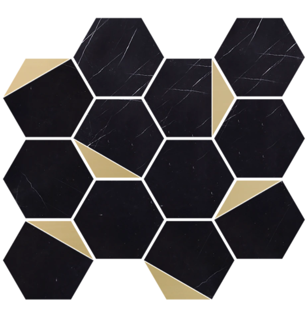 Retro Nero Marquina 3" Hexagon w/Brass Polished
