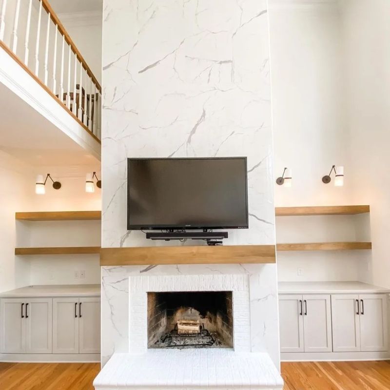 24x48" Calacatta Pearl Polished Porcelain Tile Fireplace
