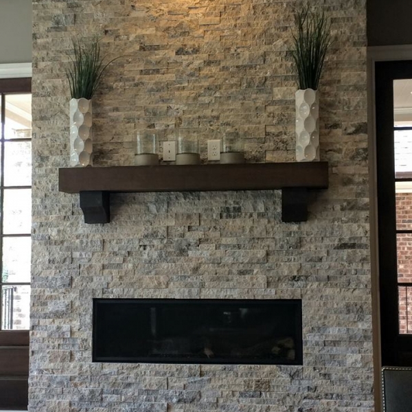 Silver Travertine Stacked Stone fireplace