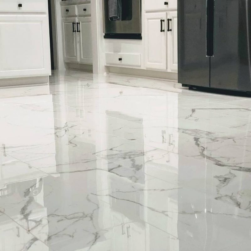 Polished marble look porcelain with an anti-slip finish