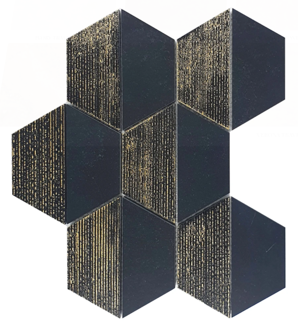 Chateau Black 4" Hexagon Marble Mosaic Honed Engraved Gold Leaf