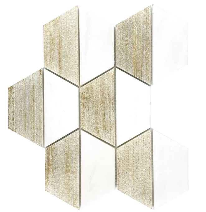 Chateau Dolomite 4" Hexagon Marble Mosaic Honed Engraved Gold Leaf