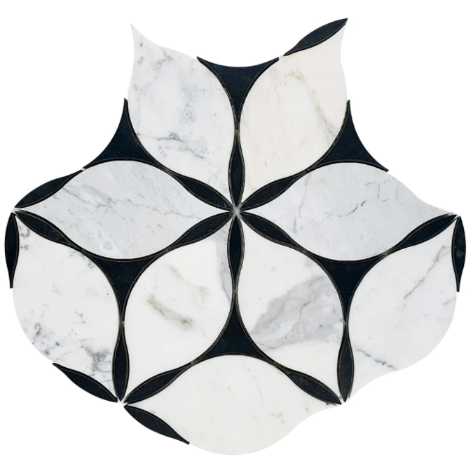 Valentino Calacatta Marble Waterjet Mosaic w/Nero Marble Honed